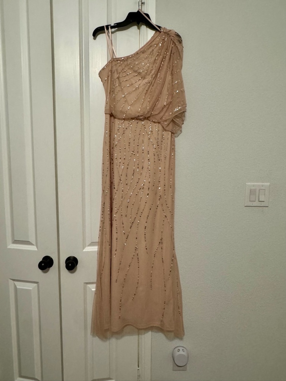 Adrianna Papell Blush One-Shoulder Beaded Evening Gown